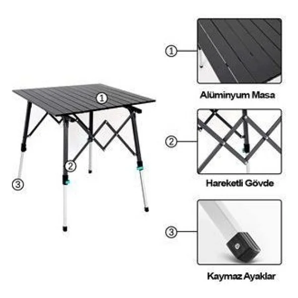 Madfox Yüksekliği Ayarlanabilir Katlanır Kamp Masası Büyük Boy Siyah Renk - Görsel 2