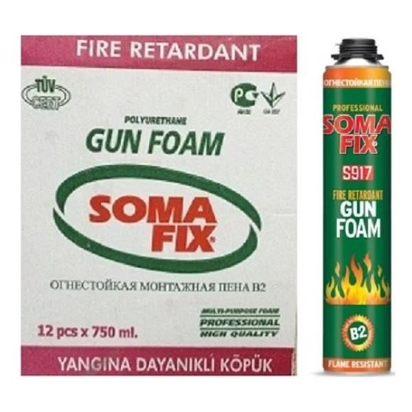 Somafix 12 Adet 750 ml - 900 Gr B2 Tabancalı Yangına Dayanıklı Poliüretan Köpük Isı Önleyici İzolasyon Dolgu Pembe Pu Köpük - Görsel 2