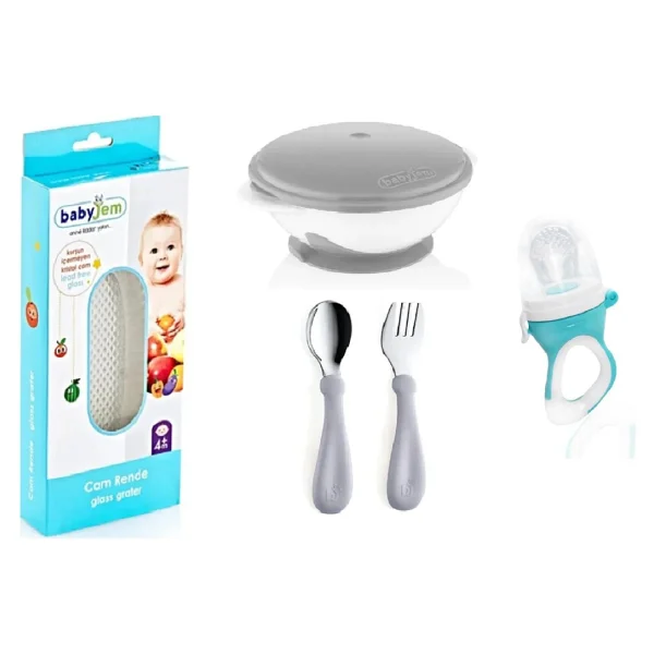 Babyjem Cam Rende + Vakumlu Mama Tabağı + Paslanmaz Çelik Çatal Kaşık + Silikon Uçlu Meyve Sebze Emziği - Görsel 2