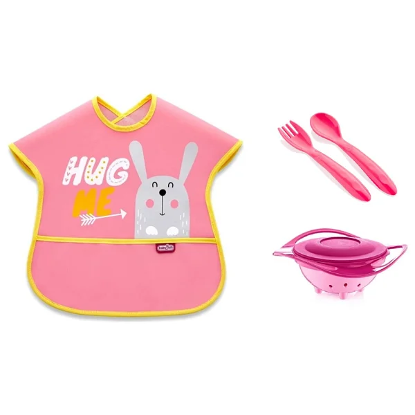 Babyjem Dökülmeyen Tabak + Kaşık Çatal Seti + Muşamba Önlük Pembe Beslenme Seti - Görsel 2