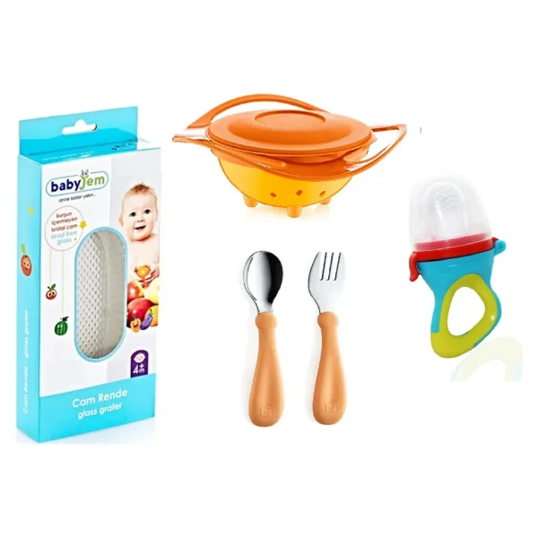 Babyjem Cam Rende + Dökülmeyen Tabak + Paslanmaz Çelik Çatal Kaşık Seti + Silikon Uçlu Meyve Sebze Emziği - Görsel 2