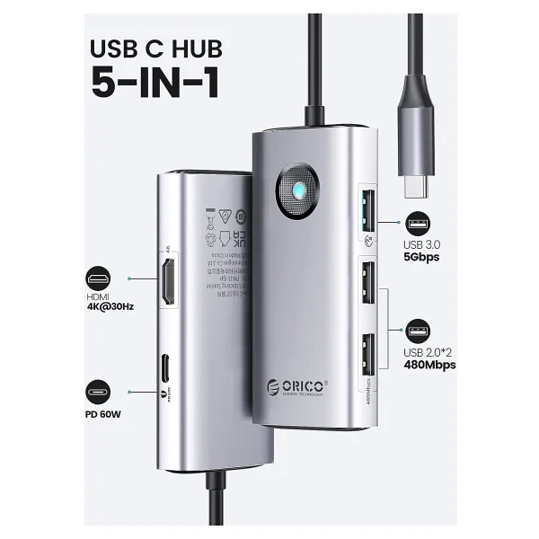 Orico Type-C To Usb3.0 Usb2.0 Pd 60W HDMI 5in1 Çoklayıcı Hub, Gri, PW11-5P-SV - Görsel 4