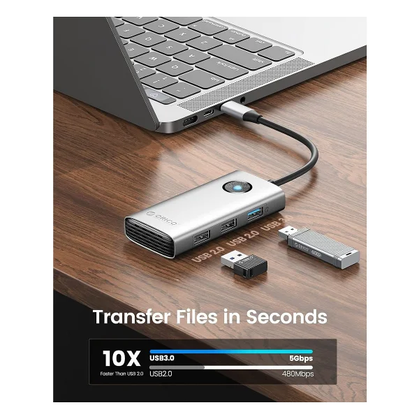 Orico Type-C To Usb3.0 Usb2.0 Pd 60W HDMI 5in1 Çoklayıcı Hub, Gri, PW11-5P-SV - Görsel 5