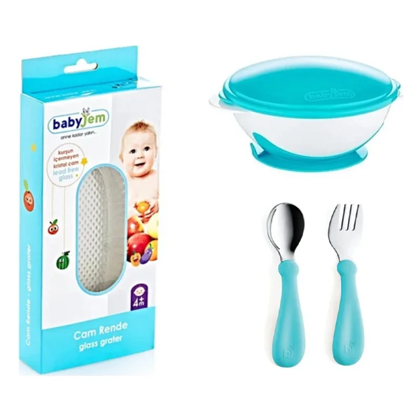 Babyjem Cam Rende + Vakumlu Mama Tabağı Mavi + Paslanmaz Çelik Çatal Kaşık Seti Turkuaz - Görsel 2