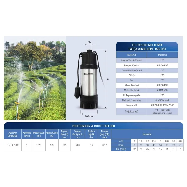 Alarko Diamond Ec-Tds1000 - 1,25 Hp - 220 V Multi Inox Dalgic Pompa - Görsel 4