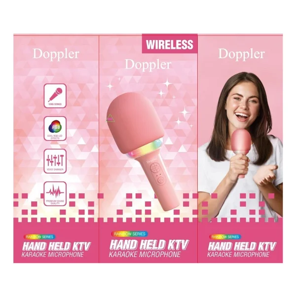 Doppler Rainbow Pembe Karaoke Mikrofonu Ledli Ses Değiştirme Özellikli Işıklı Yeni - Görsel 2