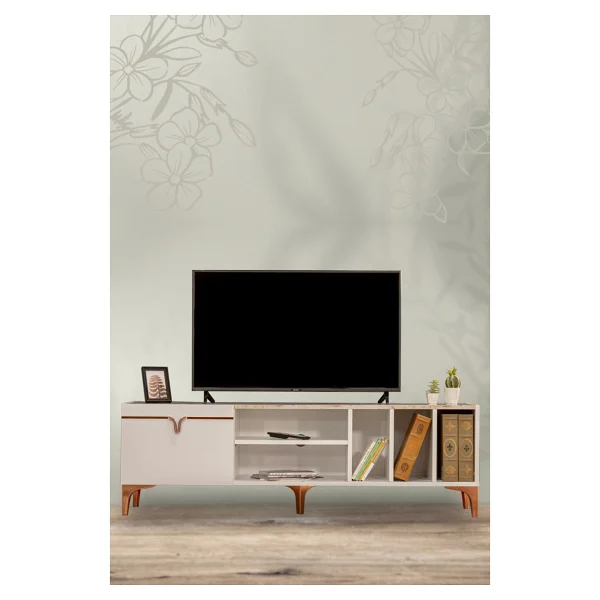 ModaLife Pietra Tv Ünitesi - Beyaz Mermer Desenli 160 cm 2 Kapaklı + 2 Raflı Tv Sehpası - Görsel 6