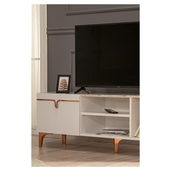 ModaLife Pietra Tv Ünitesi - Beyaz Mermer Desenli 160 cm 2 Kapaklı + 2 Raflı Tv Sehpası - Görsel 2