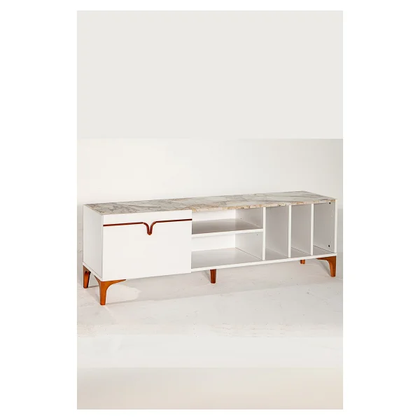 ModaLife Pietra Tv Ünitesi - Beyaz Mermer Desenli 160 cm 2 Kapaklı + 2 Raflı Tv Sehpası - Görsel 4