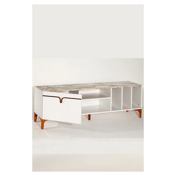 ModaLife Pietra Tv Ünitesi - Beyaz Mermer Desenli 160 cm 2 Kapaklı + 2 Raflı Tv Sehpası - Görsel 5
