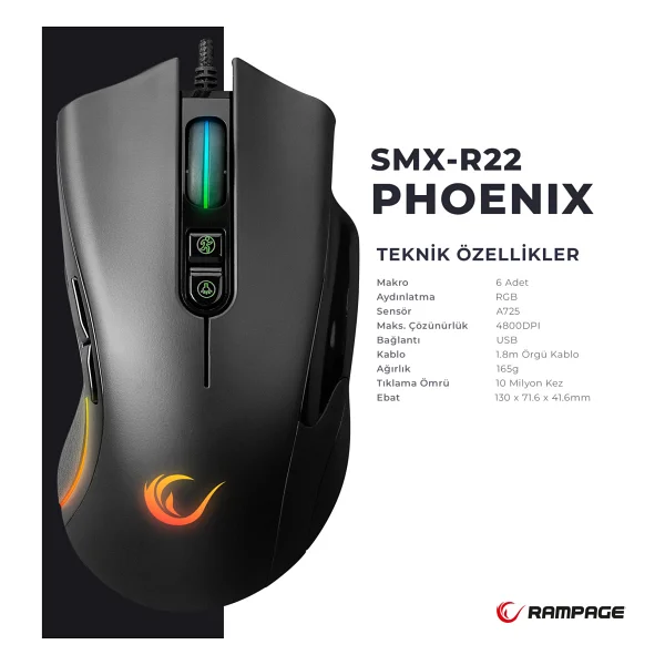 Rampage Phoenix SMX-R22 RGB Optik Kablolu Oyuncu Mouse - Görsel 4