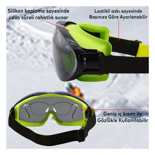 Bellasimo Kayak Snowboard Gözlüğü Buğulanmaz Değiştirilebilir Füme Camlı Antifog Kar Gözlük - Görsel 3