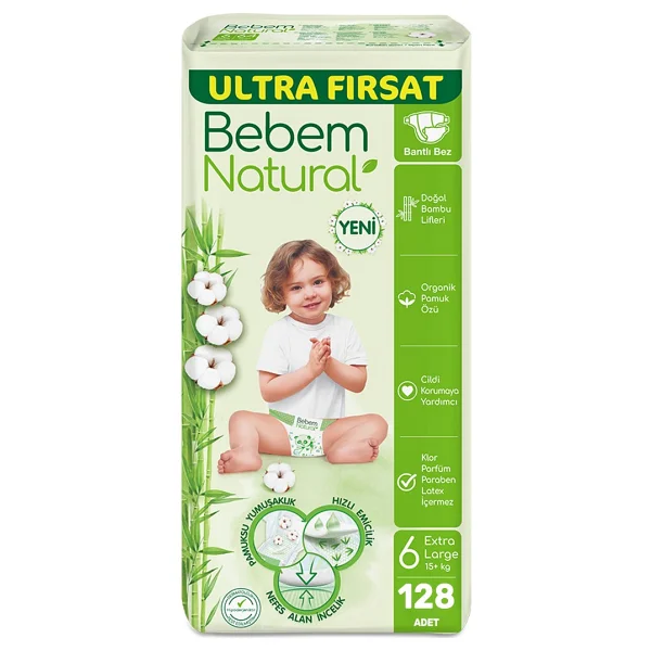 Bebem Natural 6 Numara Ekstra Large 64'lü 2 Adet Bebek Bezi - Görsel 6