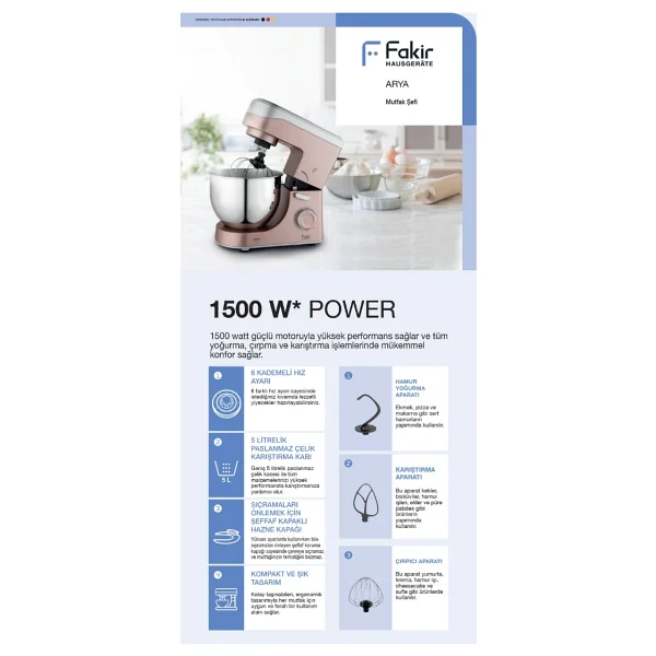 Fakir Arya 1500 W 5 lt Hamur Yoğurma Makinesi Krem Renk Paslanmaz Çelik ile Güçlü Performans - Görsel 7