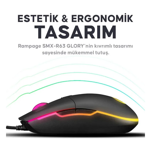 Rampage SMX-R63 GLORY RGB Makrolu Ergonomik Optik Kablolu Oyuncu Mouse - Görsel 9