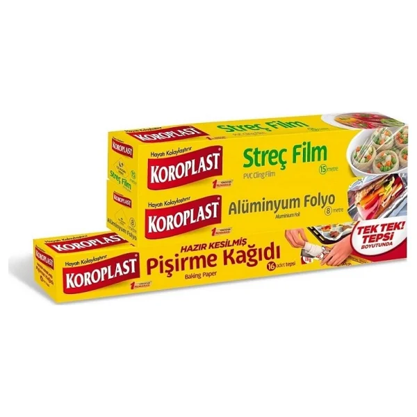 Koroplast Mutfak Paketi ( Streç Film 15 M + Alüminyum Folyo 8 M + Hazır Kesilmiş Pişirme Kağıdı 16 Adet ) - Beyaz - Görsel 5