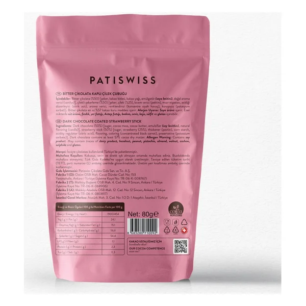 Patiswiss Bitter ve Çilek Çubuklu Çikolata 80 gr - Görsel 2