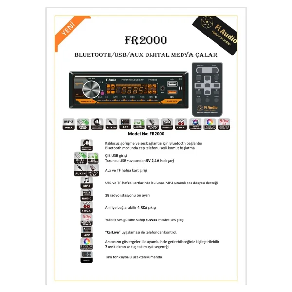 Fı Audıo Fr-2000 Oto Teyp 4X50 Watt Bluetooth Carlive 2Xusb Sd Fm Aux - Görsel 2