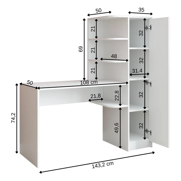 Roomart Roma Raflı Çalışma Masası , Çalışma Ofis Masası Sağ Dolap Mat Beyaz - 143 CM - Görsel 2