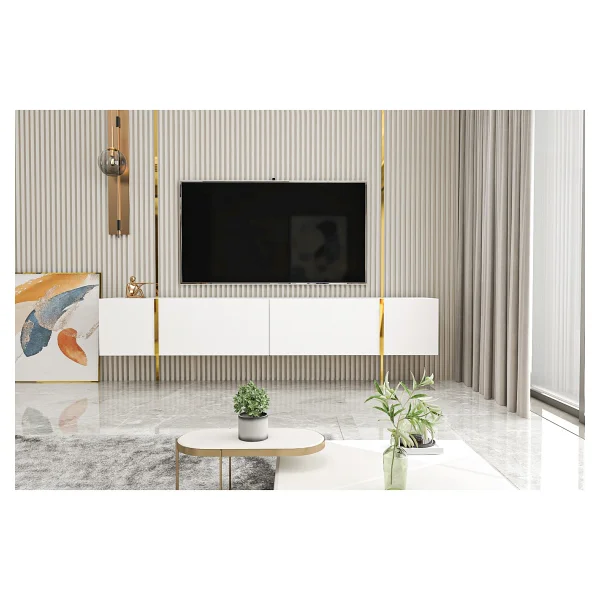 Givayo Mobilya Su Tv Ünitesi Altın 150 cm Duvara Monte Ayaklı - Beyaz - Görsel 6