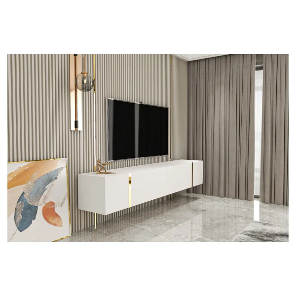 Givayo Mobilya Su Tv Ünitesi Altın 150 cm Duvara Monte Ayaklı - Beyaz - Görsel 2