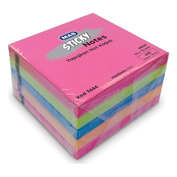 Mas 3666 76x76 400 Yaprak Neon 5 Renk Yapışkanlı Not Kağıdı - Görsel 2