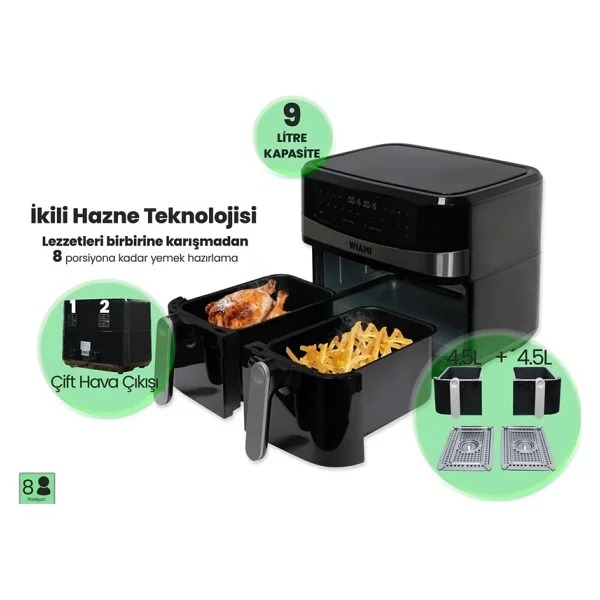Wiami Airfryer Çift Sepetli 9 lt Yağsız Fritöz - Görsel 6