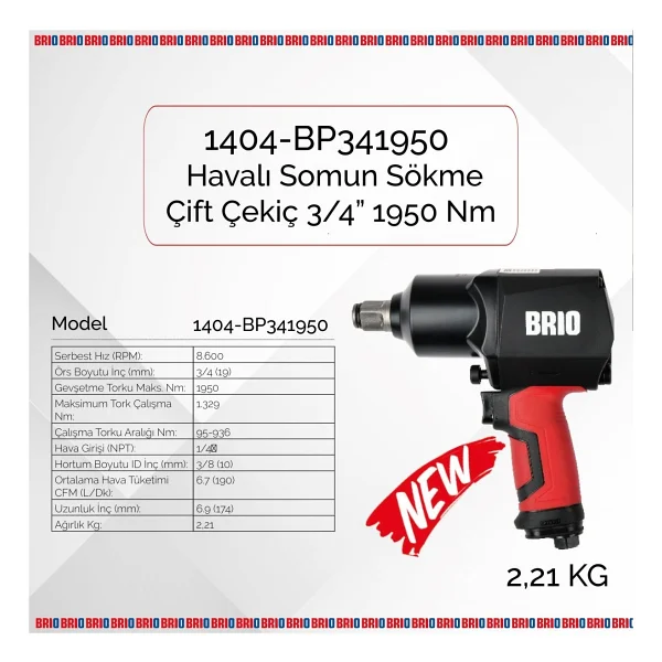 Brio 1404-BP341950 Çift Çekiç 3/4'' Havalı Somun Sıkma Makinesi - Görsel 2