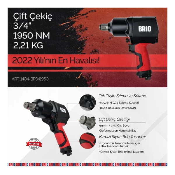 Brio 1404-BP341950 Çift Çekiç 3/4'' Havalı Somun Sıkma Makinesi - Görsel 3