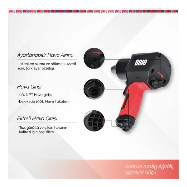 Brio 1404-BP341950 Çift Çekiç 3/4'' Havalı Somun Sıkma Makinesi - Görsel 4