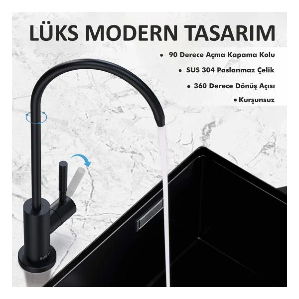 Piksel Aqua Lüks Su Arıtma Musluğu Mat Siyah Paslanmaz - Görsel 2