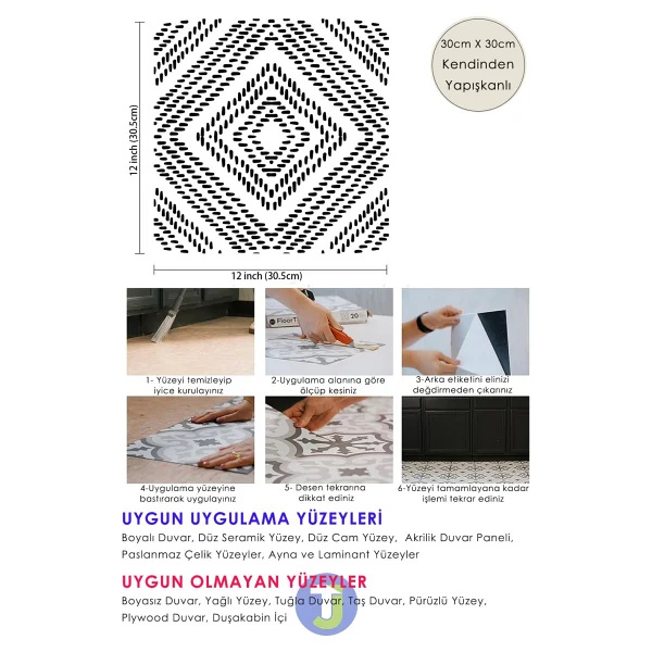Technojet 1Adet Kendinden Yapışkanlı Modern Tasarımlı Mutfak Banyo Zemin Duvar Kaplama PVC 30cmx30cm - Görsel 5