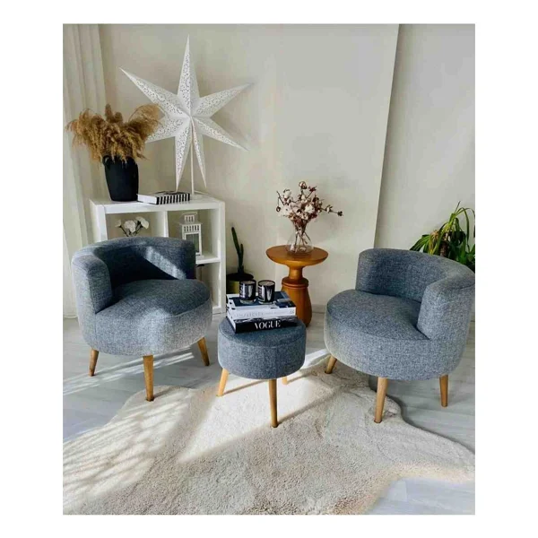 Beylerbeyi Çay Seti Ikili Koltuk Berjer ve Puf Takımı (Salon, Balkon, Ofis) 3 Lü Takım - Gri - Görsel 10