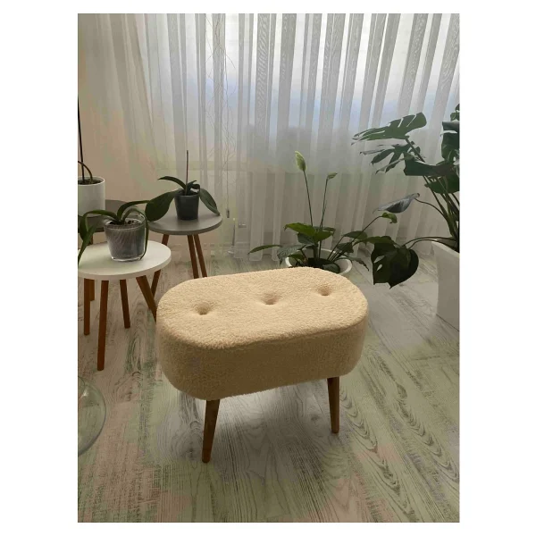 Beylerbeyi Gürgen Ahşap Ayak Welsoft Kumaş Oval Pufidik Puf Bench Tabure Sandalye - Krem - Görsel 6