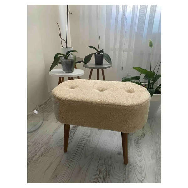 Beylerbeyi Gürgen Ahşap Ayak Welsoft Kumaş Oval Pufidik Puf Bench Tabure Sandalye - Krem - Görsel 3