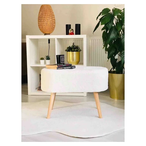 Beylerbeyi Gürgen Ahşap Ayak Welsoft Kumaş Oval Pufidik Puf Bench Tabure Sandalye - Krem - Görsel 5