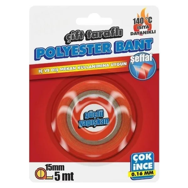 Çift Taraflı Polyester Bant 140 Derece Isıya Dayanıklı 15mmX5mt-0,16mm İncelik - Görsel 2