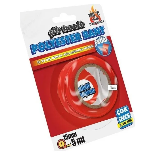 Çift Taraflı Polyester Bant 140 Derece Isıya Dayanıklı 15mmX5mt-0,16mm İncelik - Görsel 3