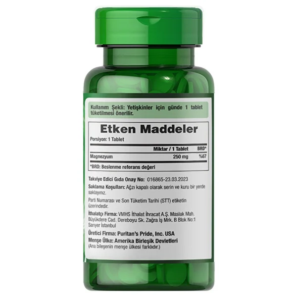 Puritan's Pride Magnesium 250 mg 100 Tablet - Görsel 2