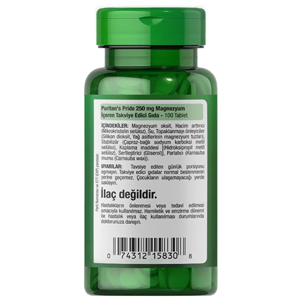 Puritan's Pride Magnesium 250 mg 100 Tablet - Görsel 3