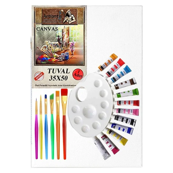 Artlantis Guaj Boya Hobi Boyama Seti 1 Paket 35x50 cm Tuval 12 li Guaj Boya Tüp Resim Paleti Fırça Seti 6 lı - Görsel 5
