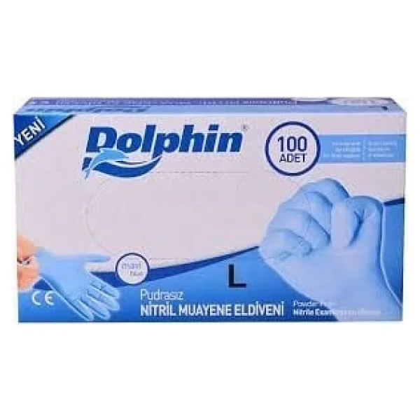 Dolphin Pudrasız Mavi Nitril Büyük Boy (L) 100'lü Muayene Eldiveni - Görsel 3