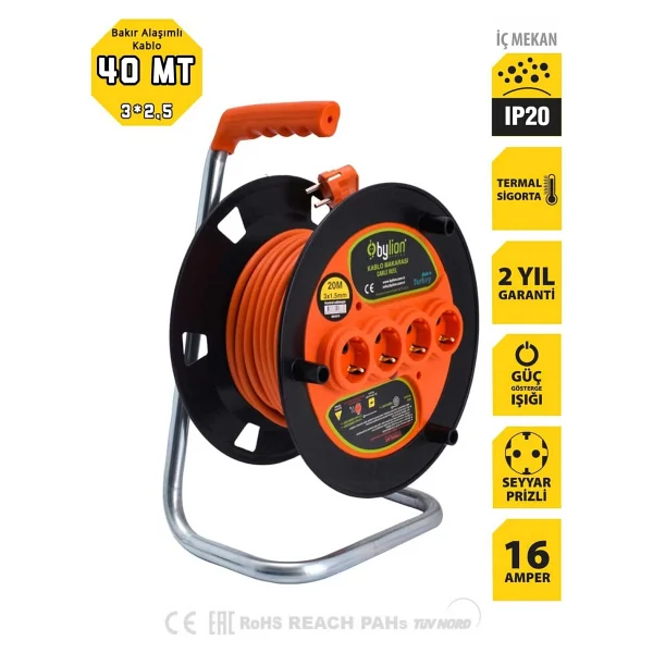 Bylion PMK-40325-F 3x2.5 mm 40 m 4'lü Makaralı Uzatma Kablosu - Görsel 2