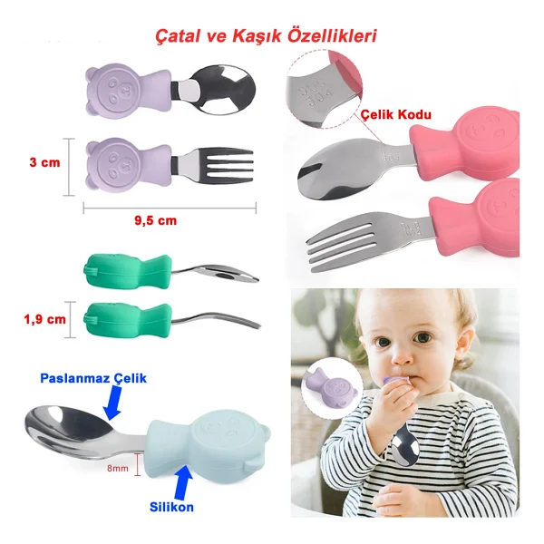 Jojobebek Ayıcık Figürlü Premium Çocuk Bpa'sız Silikon Saplı Paslanmaz Çelik Uçlu Çatal-Kaşık/saklama Kutusu 9+Ay - Mavi - Görsel 3