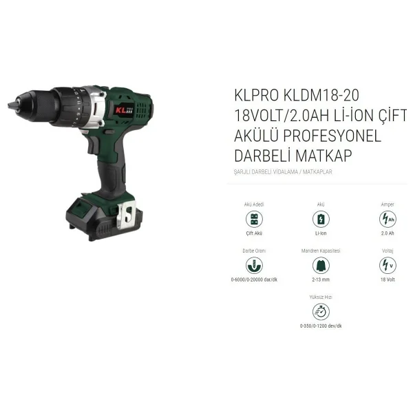 KLpro KLDM18-20 Çift Akülü 2 Ah Darbeli Matkap - Görsel 5