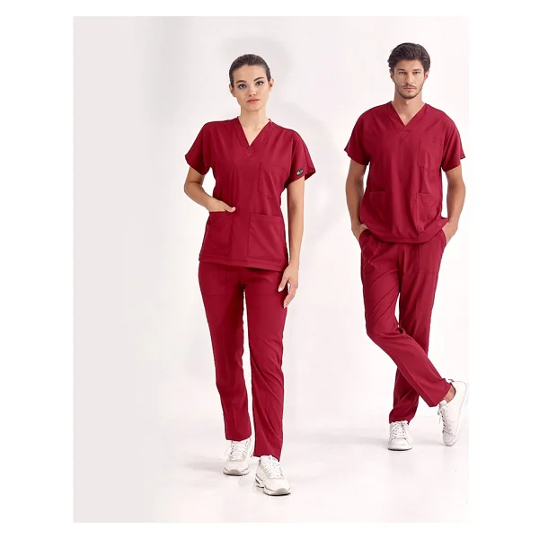 Çizgi Medikal Bordo Likralı Üniforma Takımlar Yüksek Kaliteli Likralı Scrubs - Görsel 3