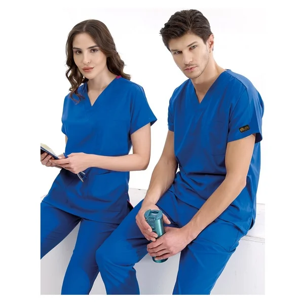 Çizgi Medikal Saks Mavisi Likralı Üniforma Takımlar Yüksek Kaliteli Likralı Scrubs - XS - Görsel 2