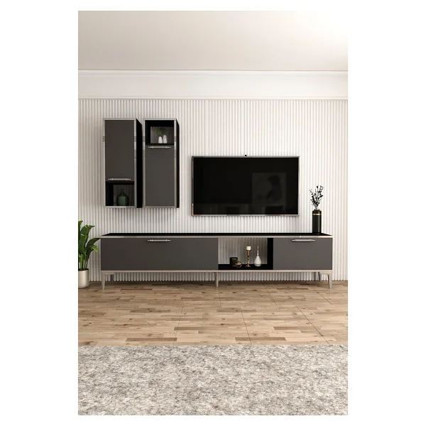 Givayo Mobilya Astera Tv Ünitesi 180 cm Siyah Antrasit Gümüş - Görsel 2