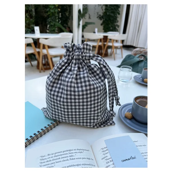 Sumicorn Design Lacivert Pötikareli Çevre Dostu Bez Keten Büzgülü İpli Düzenleyici Kese, Makyaj Çantası - Görsel 10