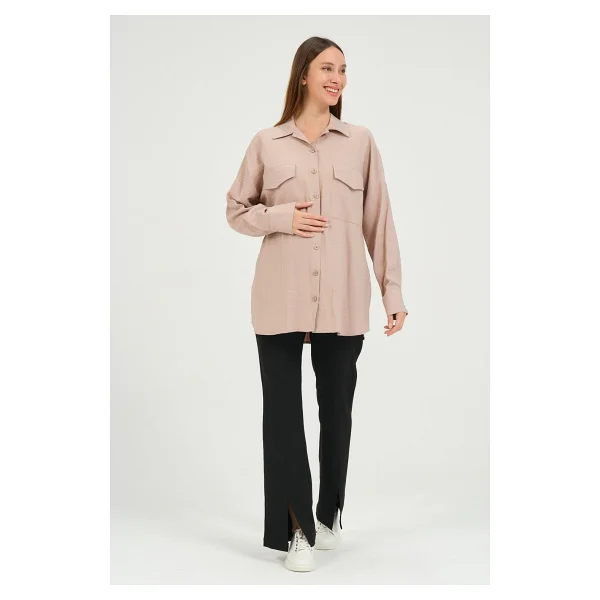 Busa Hamile Önden Cepli Düğmeli Gömlek Vizon - 40 - Görsel 6